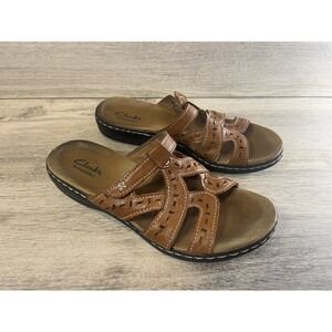 Clarks Sandals‎ Women's 7.5 Leisa Cacti Leather Slides Brown Open Toe Flat